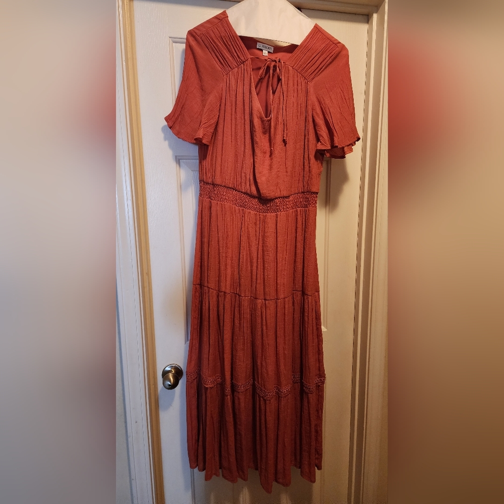 Luxology L Coral flutter sleeves string tie neck elastic waist ruffle maxi dress